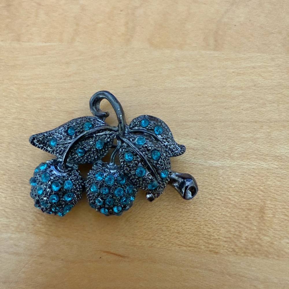 Vintage Grey Black Blue Rhinestone Double Cherry Leaves Brooch Pin